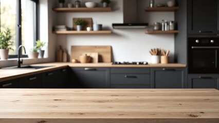 Aufkleber - Wooden table background of free space for your decoration and blurred background of kitchen. Copy space.Dark mood interior. Kitchen furniture
