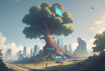 Poster -  Enormous Tree in a Futuristic Post-Apocalyptic Landscape. A colossal tree adorned with futuristic glowing structures dominates a serene yet slightly desolate landscape