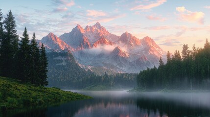 Wall Mural - Majestic Mountain Lake at Sunrise: A Serene Landscape