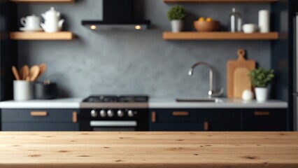 Aufkleber - Wooden table background of free space for your decoration and blurred background of kitchen. Copy space.Dark mood interior. Kitchen furniture