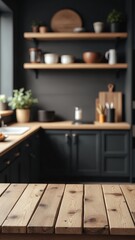 Aufkleber - Wooden table background of free space for your decoration and blurred background of kitchen. Copy space.Dark mood interior. Kitchen furniture