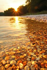 Wall Mural - Sunrise view of the river. Calm water washing rocks. Nature background use