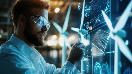 Poster - futuristic man analyzing holographic data interface for technology innovation and business intellige