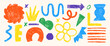 © Arina - Hand drawn pencil doodles, squiggles, crown, corner and grid. Abstract funky shapes and arrow with crayon or chalk texture. Multicolor Childish vector illustration.