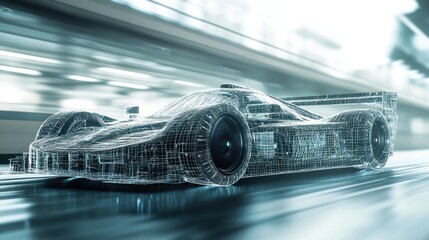 Poster - Futuristic Wireframe Race Car Speeding on a Track