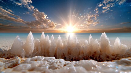 Wall Mural -  a beautiful sunset over the ocean with a large rock formation in the foreground The sky is filled with clouds and the sun is setting in the background, casting a w