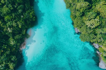 Poster - Aerial view of a lagoon with turquoise water and tropical trees. Tourism use