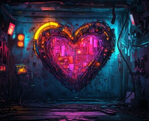 Poster - A heart made of digital lights and patterns shines with vibrant colors
