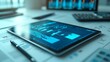 © NCSF - 3D Financial Analysis with Charts and Calculator, 3D illustration of a tablet displaying financial graph bars