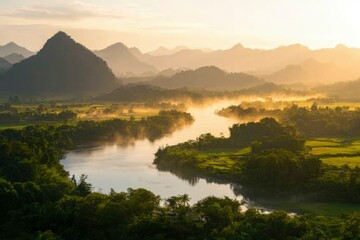 Wall Mural - Serene river winds through a valley under morning sunlight, creating hazy atmosphere