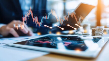 Poster - digital financial analytics dashboard on tablet device displaying market data and investment charts
