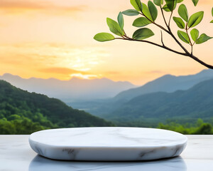 Wall Mural - Product pedestal marble top with green tree branch, mountain view sunset background