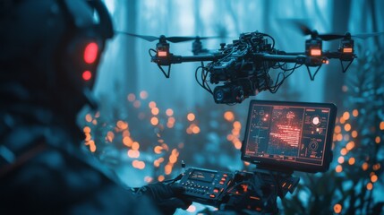 Poster - aerial drone capturing futuristic cityscape at night with illuminating lights and architecture