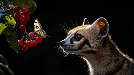 Canvas Print - A Curious Encounter:  A  Ring-tailed Cat and Butterfly Sharing a Moment of Tranquility Amidst Vibrant Red Berries