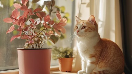 Wall Mural - Orange Tabby Cat Sunbathing by Window with Plant