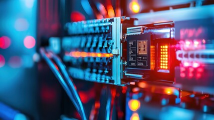 Poster - Closeup View of Networking Server Rack with Colorful Lights in Data Center