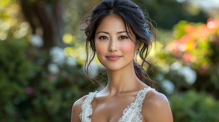 Happy asian woman smiling in a romantic garden portrait natural setting soft lighting gentle vibes