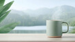 © bcendet - A green mug with steam on wooden table overlooking lake and forest, morning use