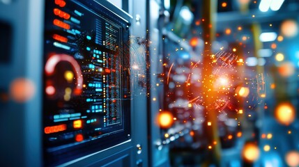 Poster - futuristic digital network and data server technology with colorful neon lights and sparks