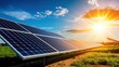 © ADD PHOTO - Renewable Solar Power Farm with Photovoltaic Panels in Scenic Countryside Landscape at Sunrise or Sunset