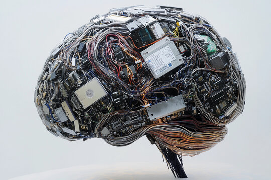 Futuristic brain design featuring circuit board elements merging technology with organic structure