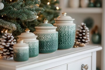 Wall Mural - Close-Up of White Sideboard with Green and White Canisters, Featuring Background Christmas Tree