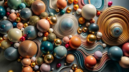 Poster - Colorful 3D display of swirling patterns and vibrant spheres creates an immersive artistic experience in a creative space. Generative AI