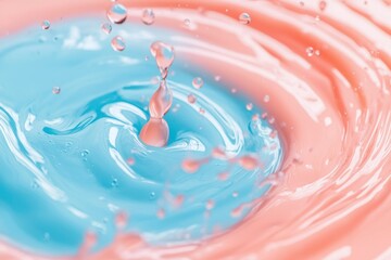 Wall Mural - Liquid drops splash together mixing pink and blue colors in a swirling motion