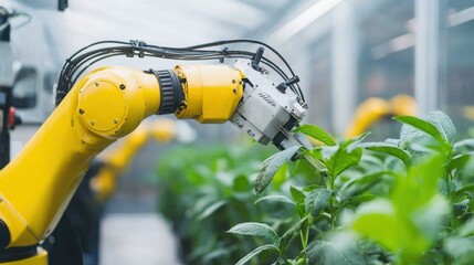 Poster - Robotic arm watering green plants in a high tech industrial environment
