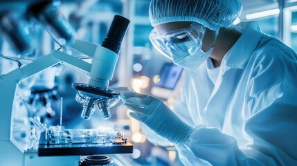 Poster - scientist examining sample under high tech microscope in modern research lab