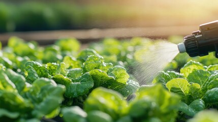Poster - Vibrant Vegetable Garden with Irrigation Sprinklers Watering Green Leafy Plants in Lush Farmland
