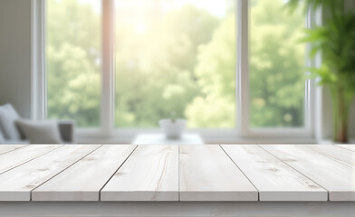 Wall Mural - white wood table top on blurred abstract background