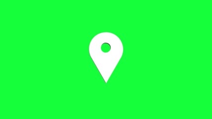 3d animation of white location pin spinning in green chroma background.
