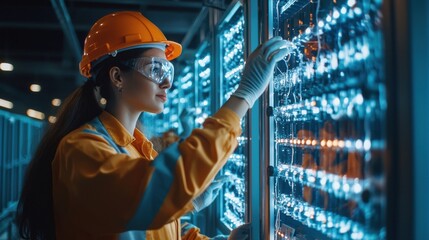 Poster - Female engineer inspecting computer server rack in data center