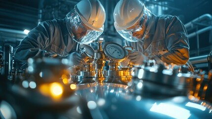 Poster - Industrial Engineers Examining Machinery in a High Tech Factory