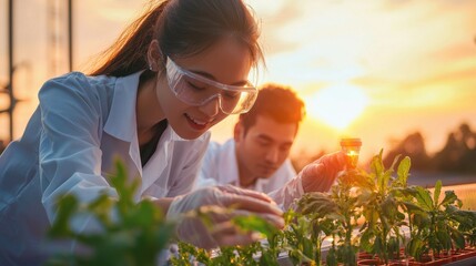 Poster - Woman Scientist Examining Plants in Laboratory Greenhouse for Botanical Research