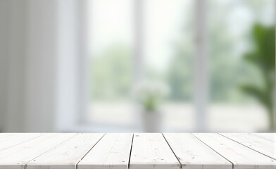 Wall Mural - white wood table top on blurred abstract background