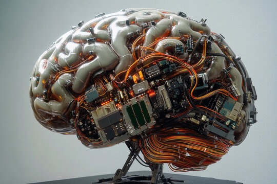 Futuristic brain design featuring circuit board elements merging technology with organic structure