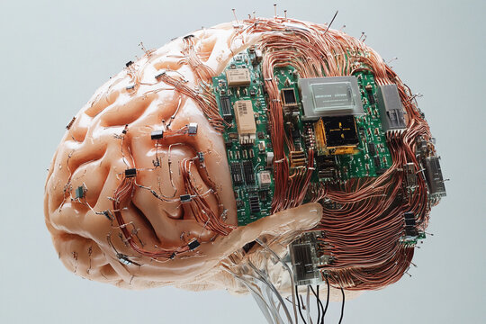 Futuristic brain design featuring circuit board elements merging technology with organic structure