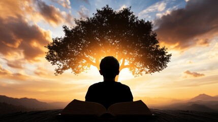 Wall Mural -  a man sitting on top of a hill, reading a book with a tree in the background The sky is filled with clouds and the sun is setting, casting a warm orange glow over