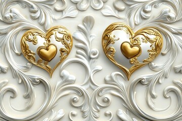 Wall Mural - Ornate Gold Hearts on Elegant White Filigree Background