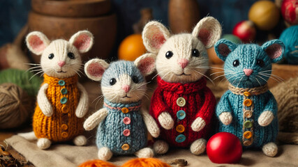 A group of cute knitted toys