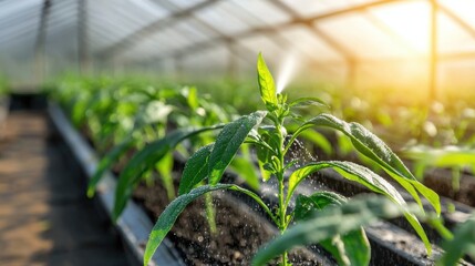 Poster - Lush and Thriving Greenhouse Filled with Green Seedlings and Young Plants Showcasing Sustainable Agriculture and Organic Farming