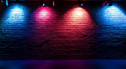 Canvas Print - dark brick wall illuminated by colorful lights. The background is a dark red, blue, and purple gradient. There are no text or other elements in the picture. 