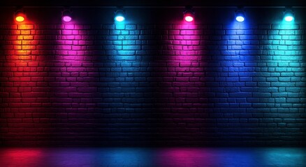 Canvas Print - dark brick wall illuminated by colorful lights. The background is a dark red, blue, and purple gradient. 