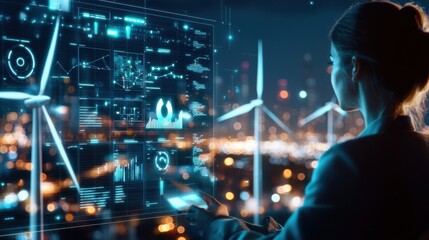 Poster - Futuristic Urban Cityscape with Glowing Digital Interface and Holographic Data Visualization
