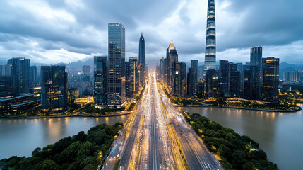 Wall Mural - Aerial view of high tech city skyline with illuminated roads and buildings