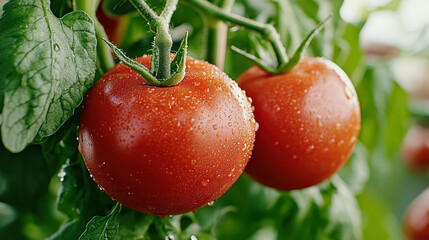 Sticker - Fresh organic tomatoes glistening with water droplets on vine