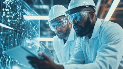 Poster - Two scientists collaborating on futuristic digital technology development in modern laboratory workspace