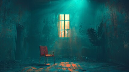 Poster - Abandoned room, chair, window light, grunge wall, mystery